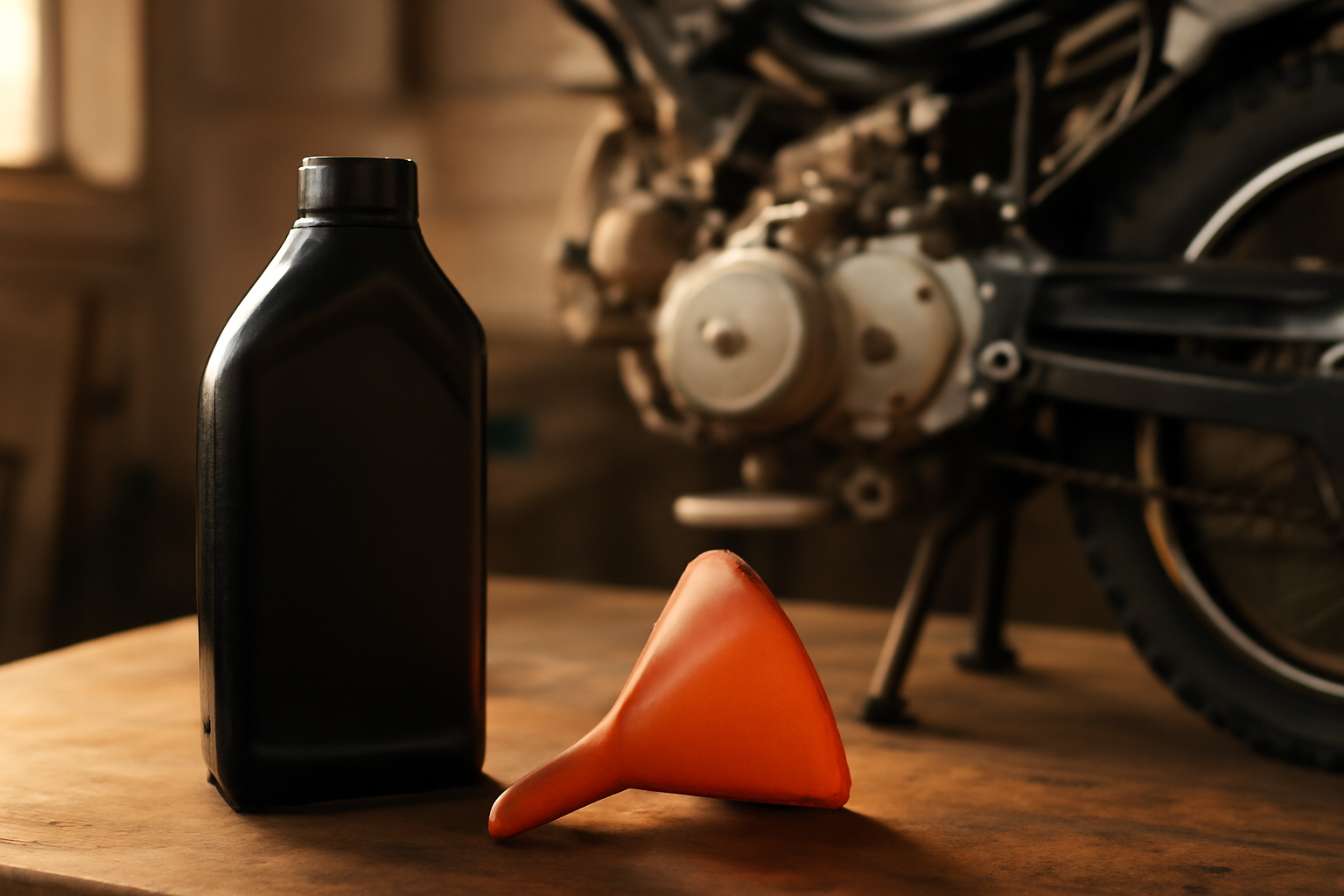 Botol oli motor bebek dan corong di meja bengkel dengan mesin motor di latar belakang