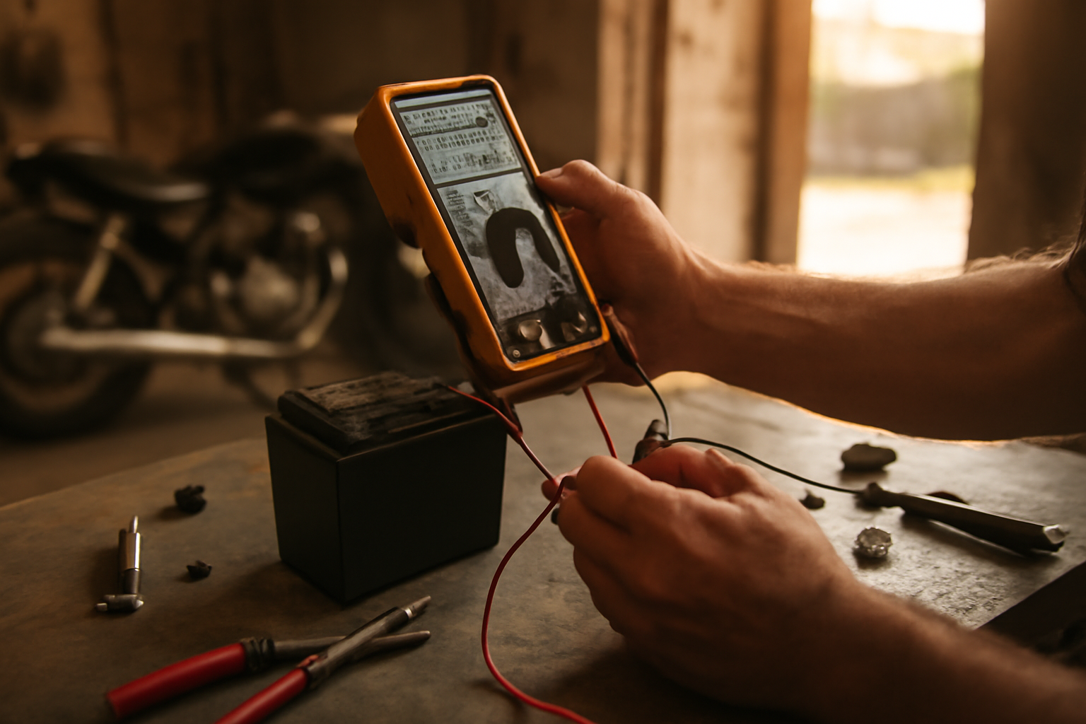 Pemeriksaan aki motor bekas dengan multimeter di bengkel sederhana