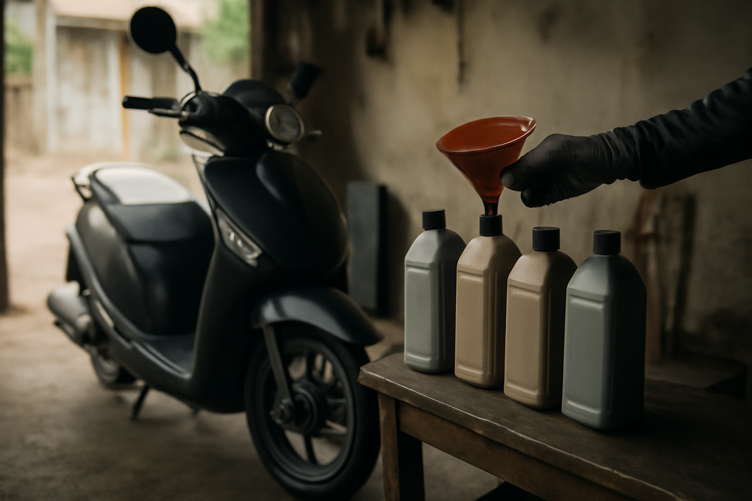 Motor matic terparkir di bengkel dengan beberapa botol oli di atas meja kayu