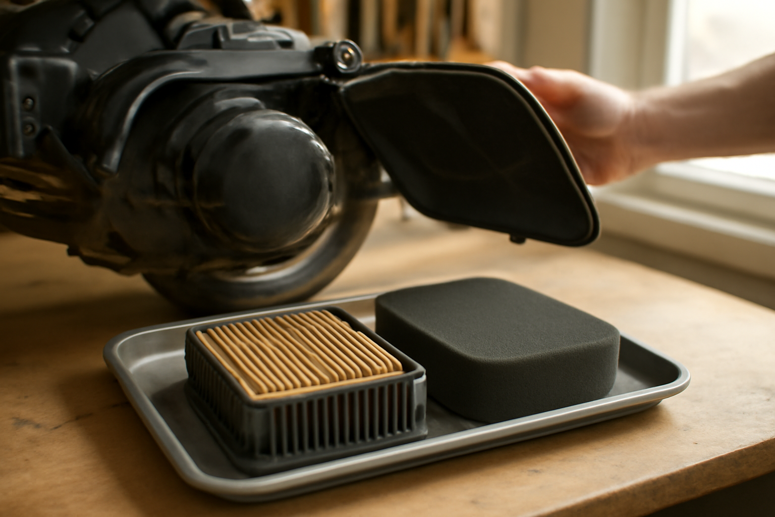Perbandingan filter udara motor matic: filter kertas dan filter busa di meja bengkel
