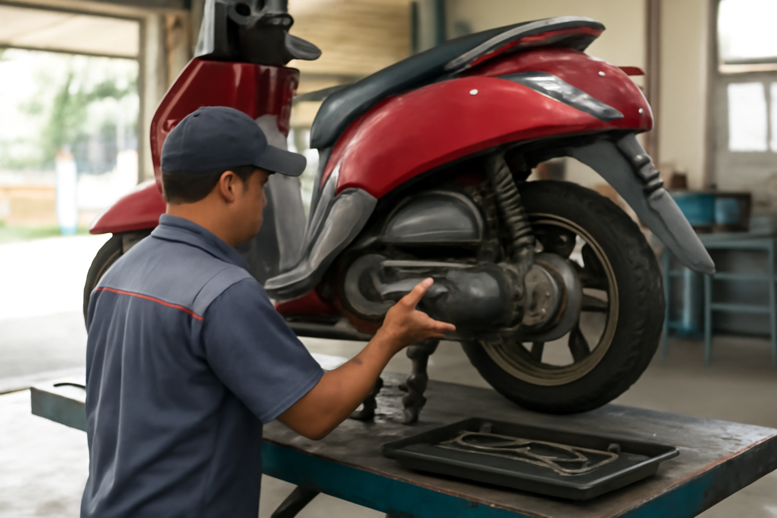 Mekanik memeriksa rumah CVT motor matic di bengkel saat servis pertama